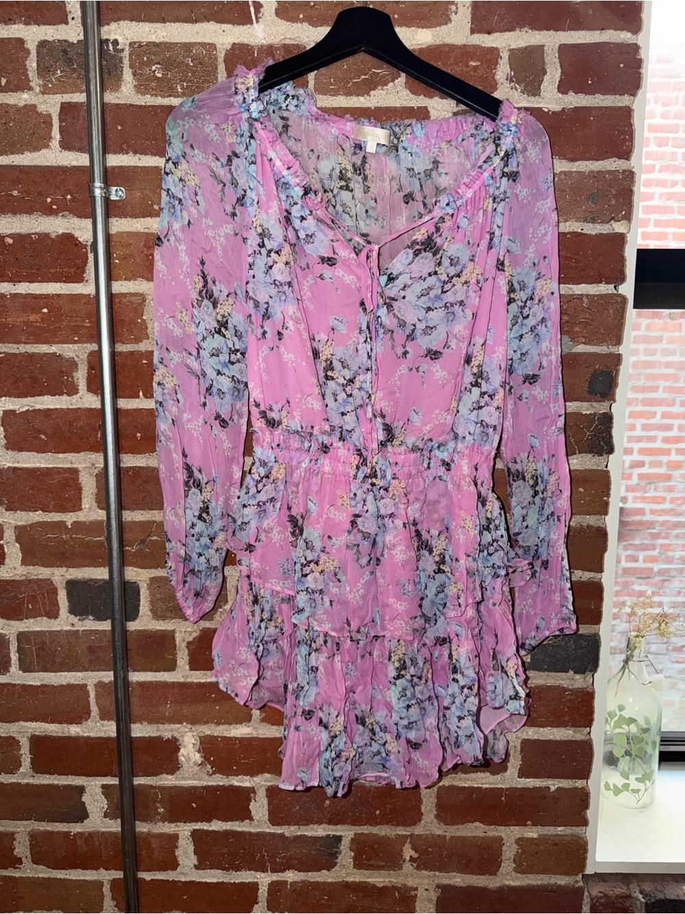 LoveShackFancy Women’s Pink Floral Tiered Chiffon Dress